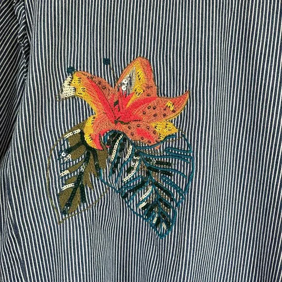 Zara Floral Embroidered Denim Striped Balloon Puff Sleeve Top SMALL - Picture 2 of 12